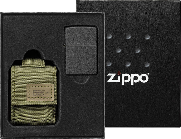 Zippo Lighter with MOLLE Green Pouch Black Crackle Lighter Made In The USA 17562