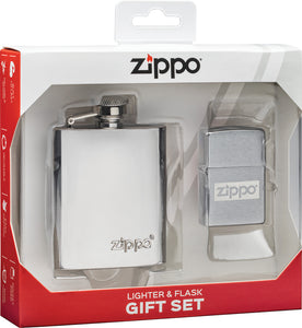 Zippo Lighter and Flask Gift Set Brushed Chrome Colored Made In The USA 17733