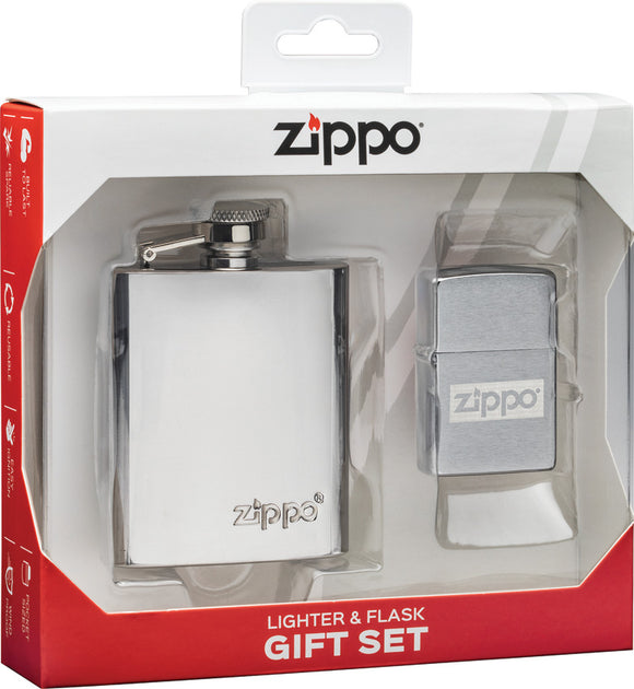 Zippo Lighter and Flask Gift Set Brushed Chrome Colored Made In The USA 17733