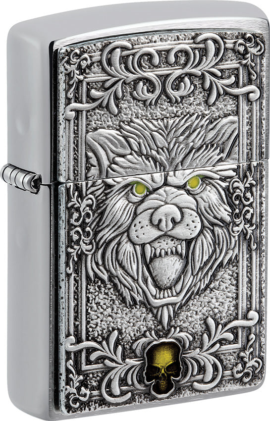 Zippo Fierce Wolf Design Brushed Chrome Windproof Pocket Lighter 53775