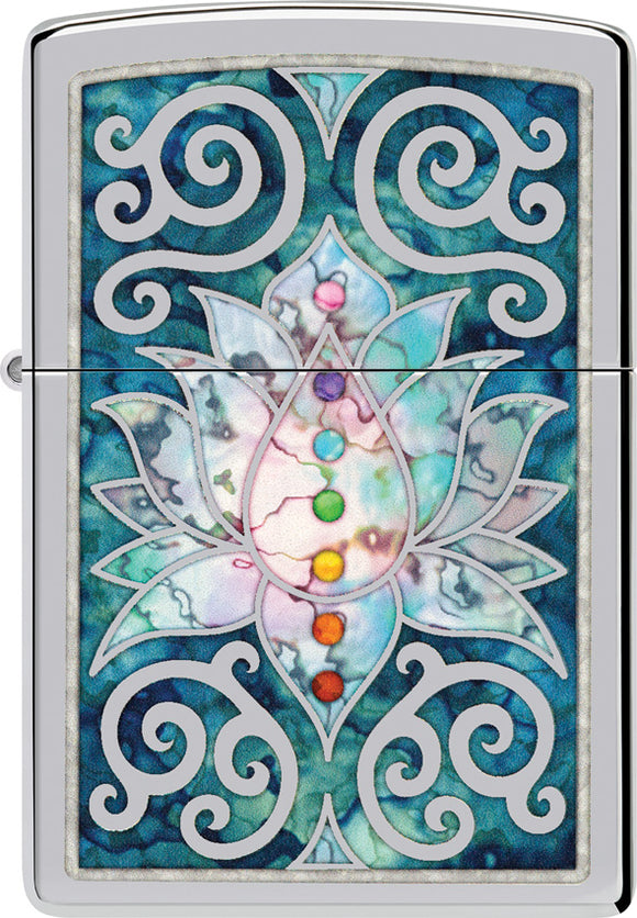 Zippo Lotus Flower Design White/Teal Chrome Water Resistant Lighter 73871