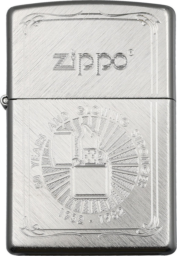 Zippo 50th Anniversary Lighter Brushed Chrome Colored 2.25