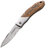 Boker Magnum Caveman Damascus Lockback Wood Etched Folding Pocket Knife
