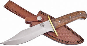 Frost Cutlery 10.5" Fixed Blade Bowie Walnut Wood Handle Knife with Leather Sheath