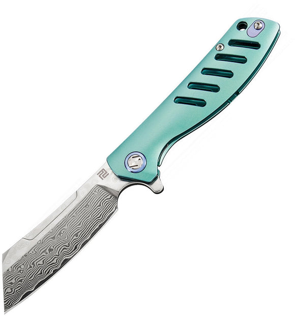 Artisan Cutlery Tomahawk Framelock Green Damascus folding Knife