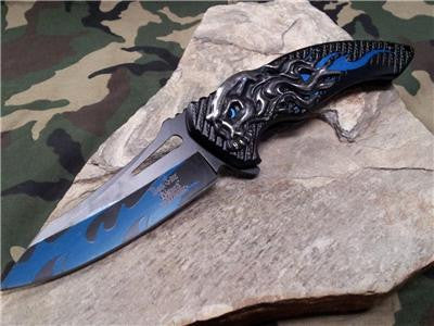 Dark Side Folding Fantasy Flame Skull Silver & Blue Knife  A/O - A034BL