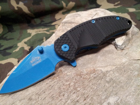 Master Assisted Open Folding Knife Black w/ Neon Blue Liner & Blade 3.6