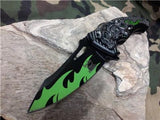 Dark Side Folding Flame Skull Silver & Green Fantasy Knife  A/O - A034GN