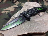 Dark Side Folding Flame Skull Silver & Green Fantasy Knife  A/O - A034GN
