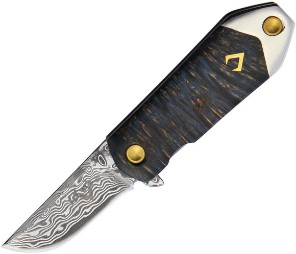 V NIVES KillaBite Framelock Blue Wood/Titanium Folding Damascus Knife